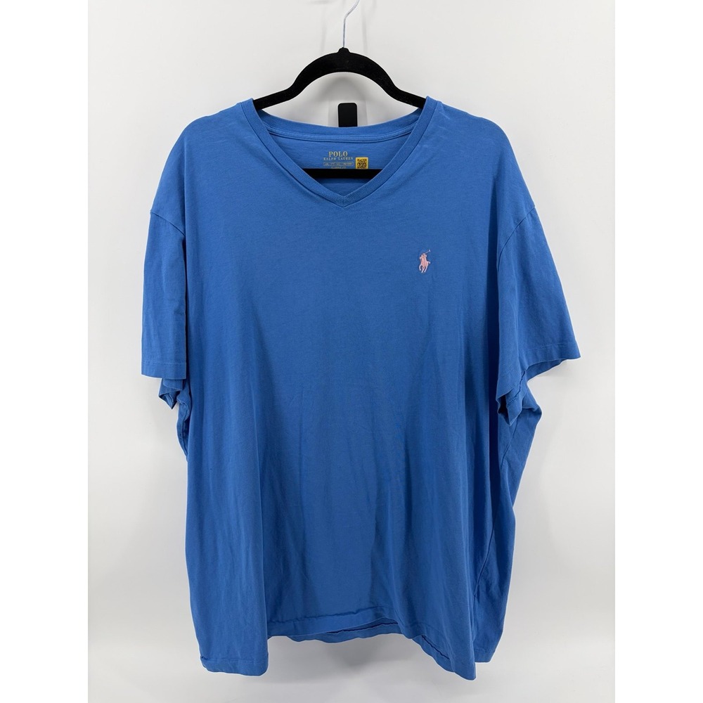 Polo Ralph Lauren, V Neck T Shirt, Blue, Pink Pony Logo, Preppy/Classic Tee, XXL
